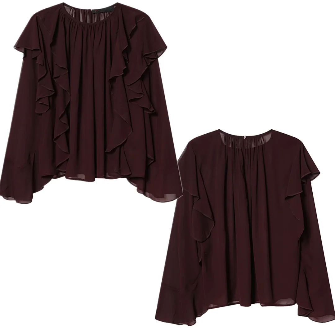 

Jenny&Dave Summer French Minimalist Coffee Colored Elegant Shirt With Ruffled Chiffon Shirts & Blouses Women's Clothes Shirts To