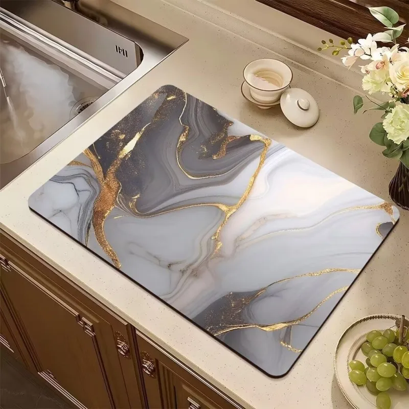 

Marble Print Super Absorbent Kitchen Mat Drying Mat Quick Dry Drain Pad Tableware Mat Non-slip Dinnerware Coffee Placemat