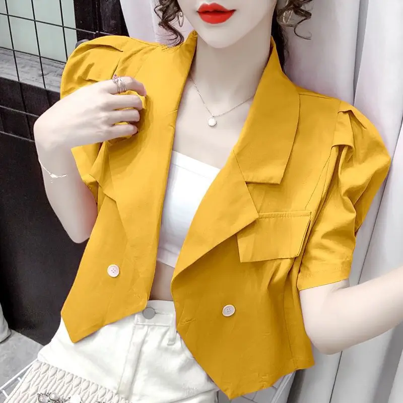 Summer Turn-down Collar Women Multiple Colour Commuter Elegant Suit Coats Short Puff Sleeve Asymmetrical Casual Loose Coats