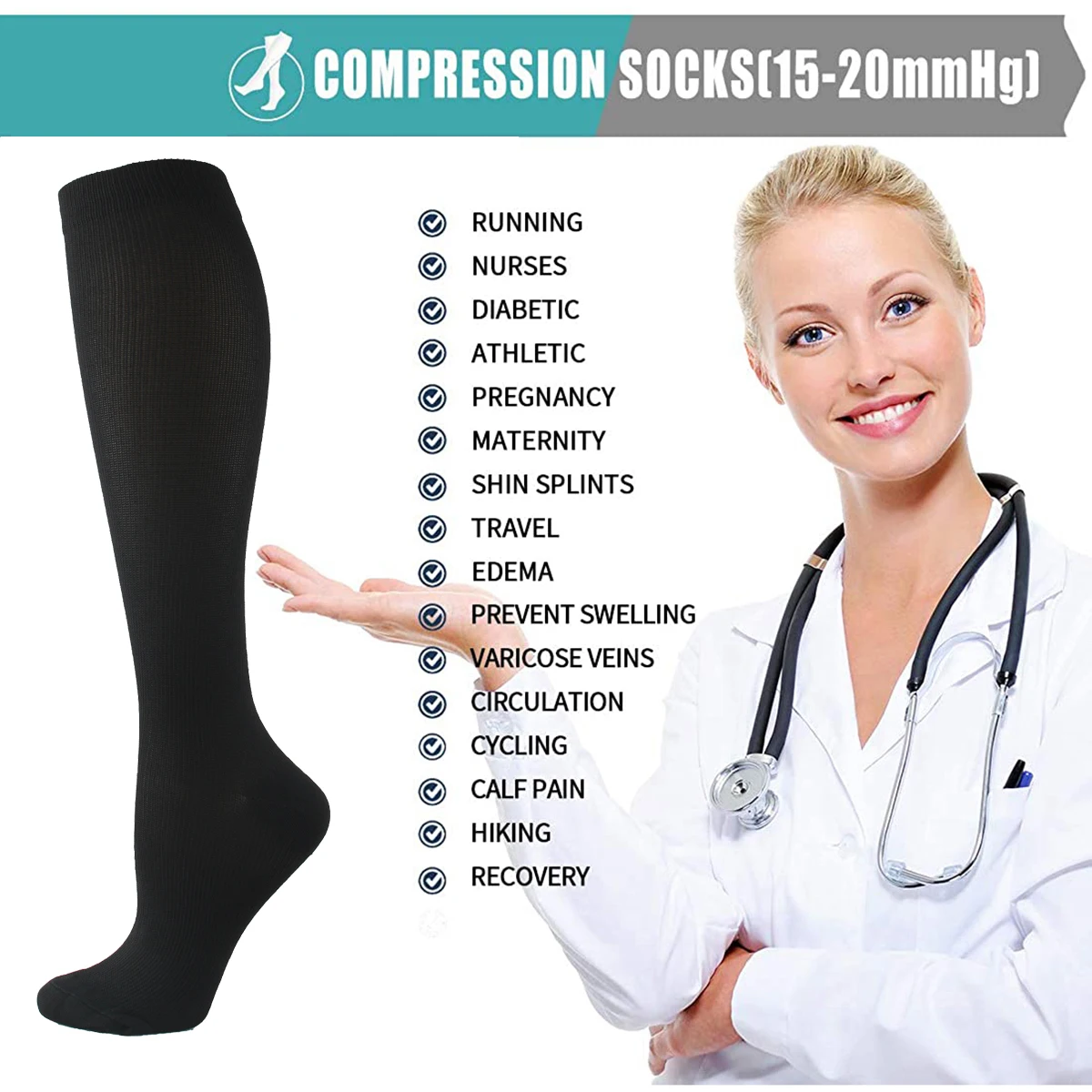 6 Pairs Black Solid Color Compression Stocking Women Men Knee High Sport Socks Edema Diabetes Varicose Veins Compression Socks