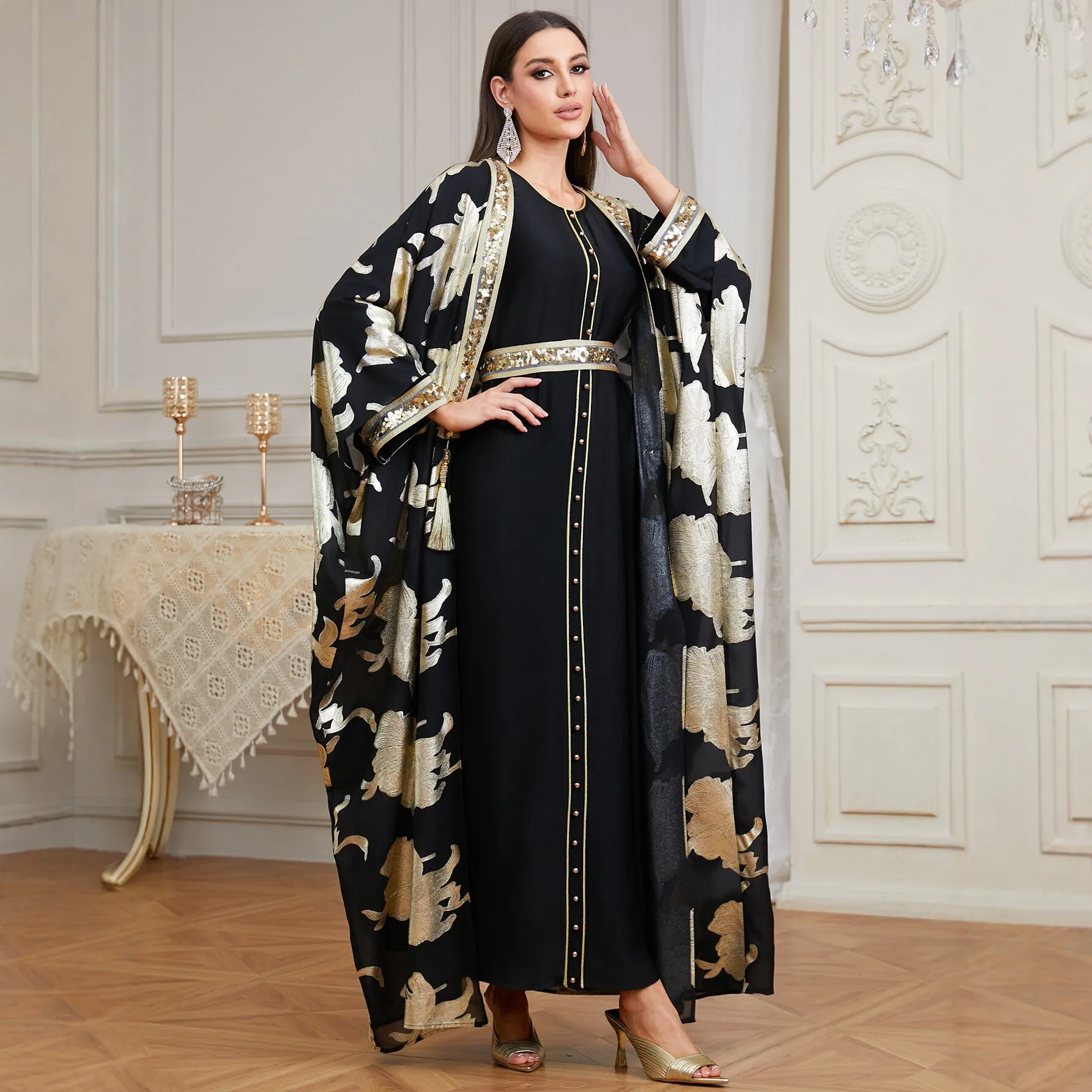 

Eid Printed Beads Kimono Jalabiya Women Muslim Dress 2PCS Set Dubai Abaya Turkey Kaftan Femme Musulmane Vestidos Islam Cardigan