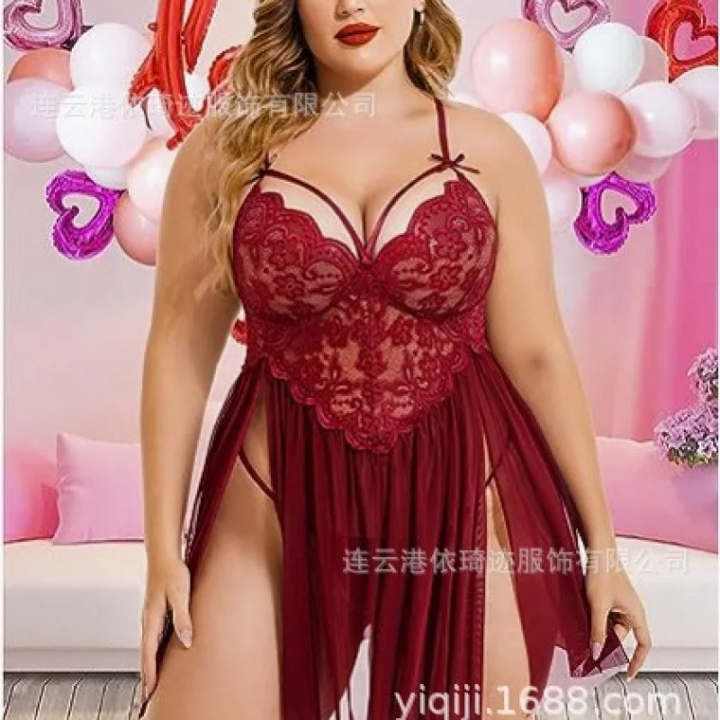 

European and American style sexy lace mesh patchwork suspenders split nightgown plus size long skirt nightdress