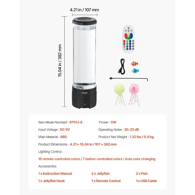 مصباح أنبوبي فقاعي حسية 16 مصباح سمكة مائي ملون يتم التحكم فيه عن بعد