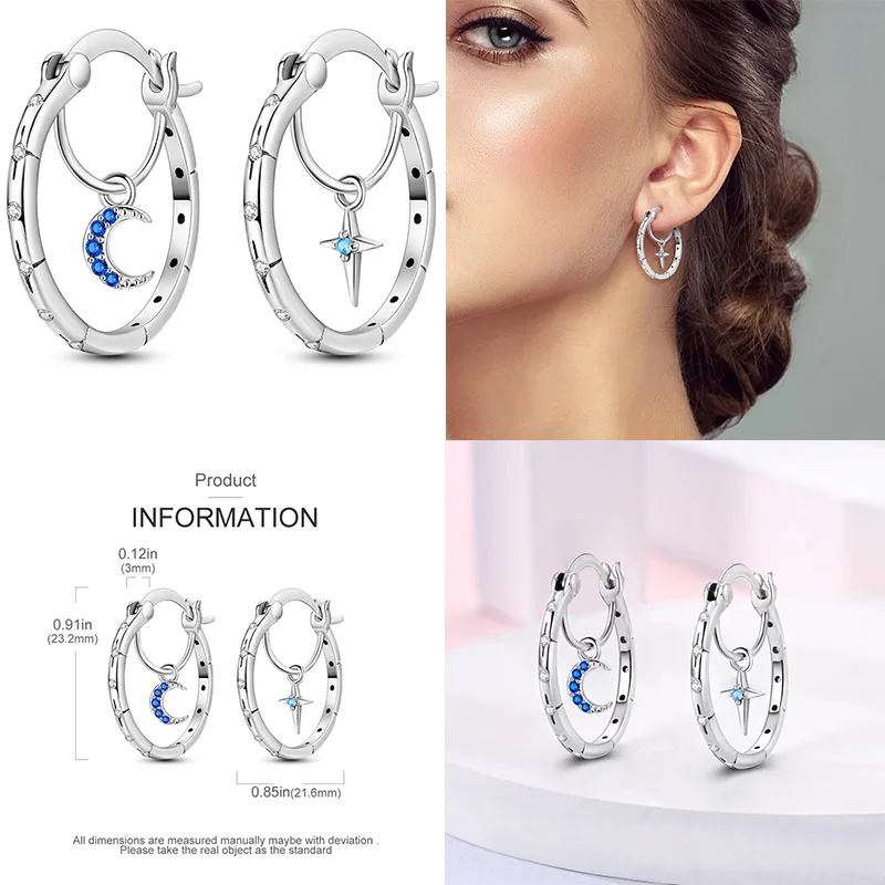 Luminous SHELL ต่างหูผู้หญิง Original 925 เงินสเตอร์ลิง Pave CZ Star Moon Hoop ต่างหูเครื่องประดับงานแต่งงาน