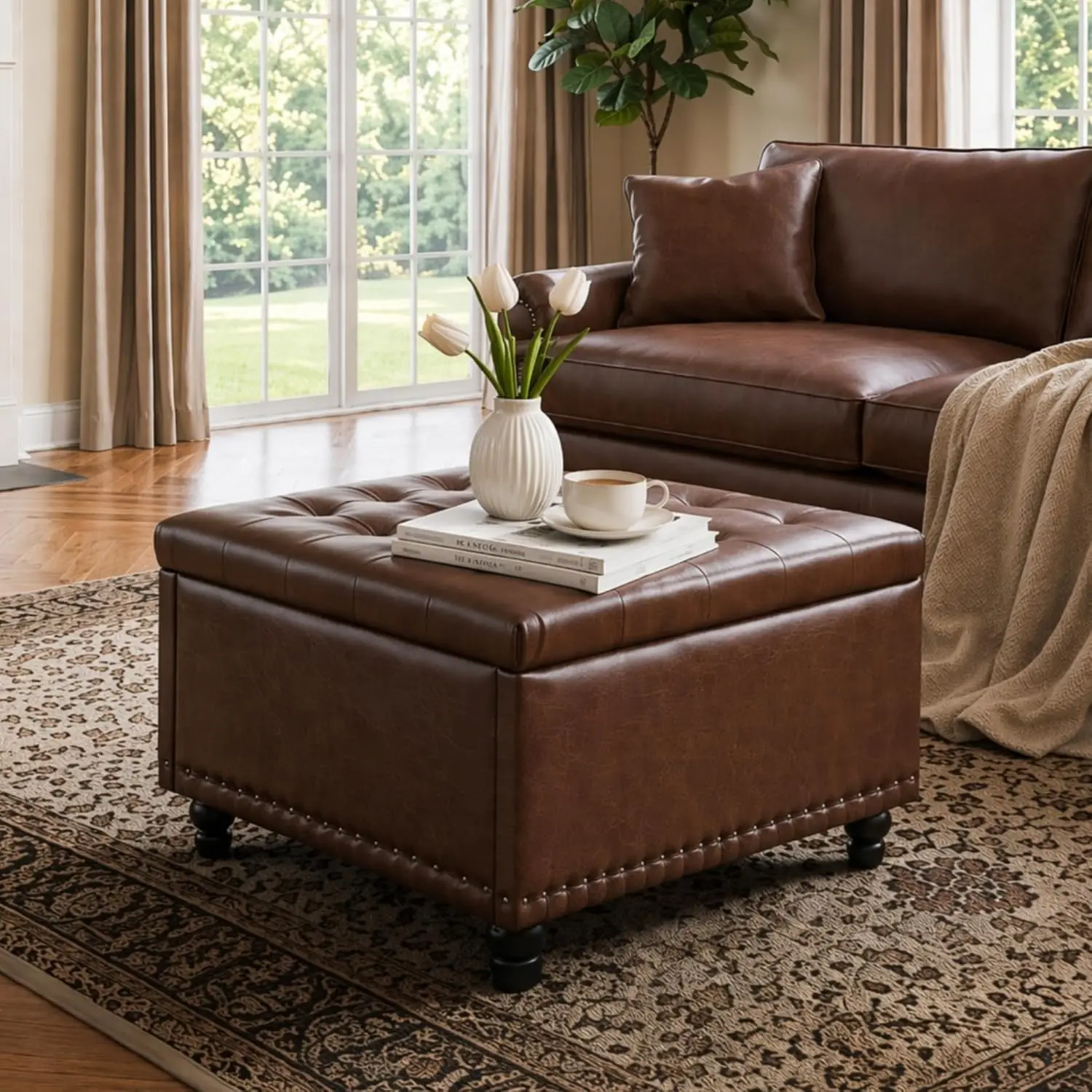 Large Square Storage Ottoman Bench Tufted Upholstered Coffee Table Toy Box Footrest Living Room PU Leather Customized