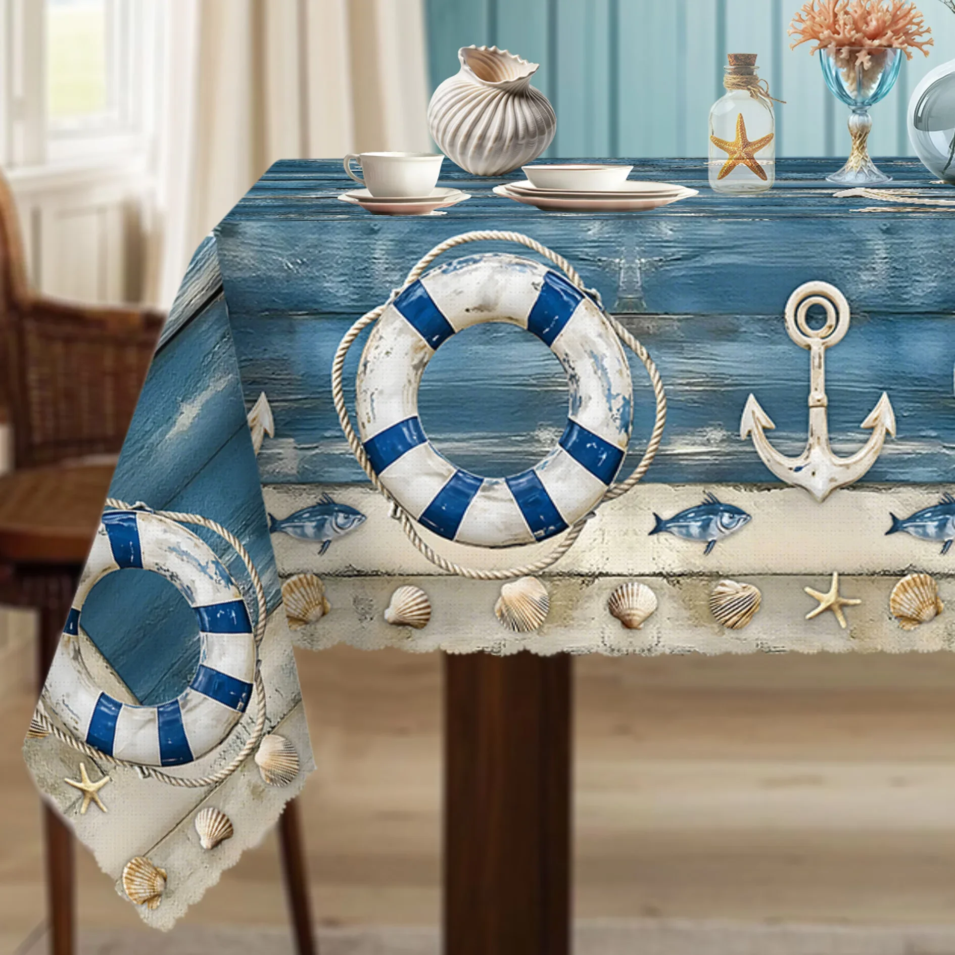 Retro ocean tablecloth, featuring patterns of lifebuoys, anchors, fish and shells, made of durable polyester material.