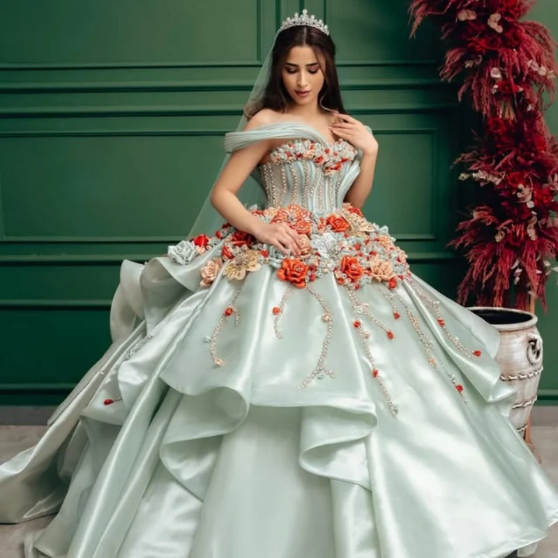 

Satin Light Green Quinceanera Dress Crystal Glitter Decal 3D flower layering Long tail Big Bow Vestidos De 15 Quinceanera ﻿Cust
