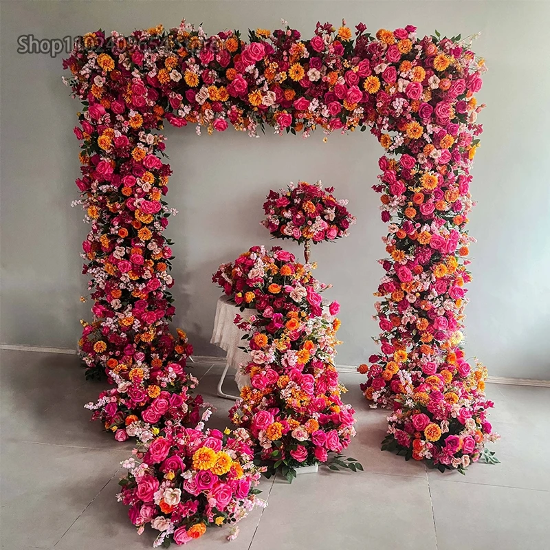 Rosa caliente naranja fila de flores hortensia rosa mesa sofá corredor decoración boda telón de fondo marco cuadrado evento escenario piso flor bola