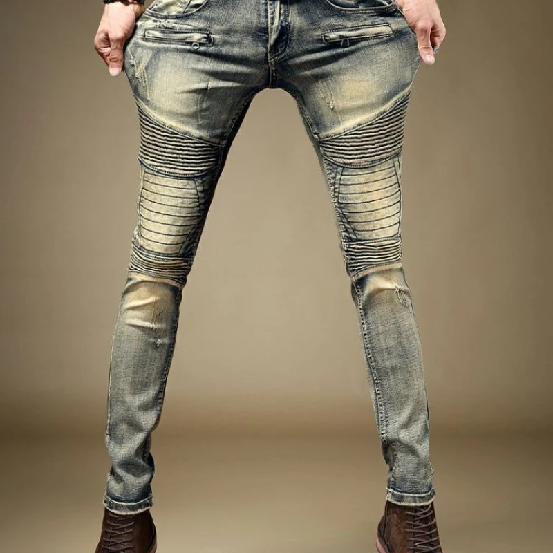 عربات التي تجرها الدواب رجل كاوبوي السراويل ضيق الأنابيب سليم صالح دراجة نارية نحيل بنطلون Kpop الجمالية Y 2k خمر مصمم Y2k Xs الجينز للرجال #6