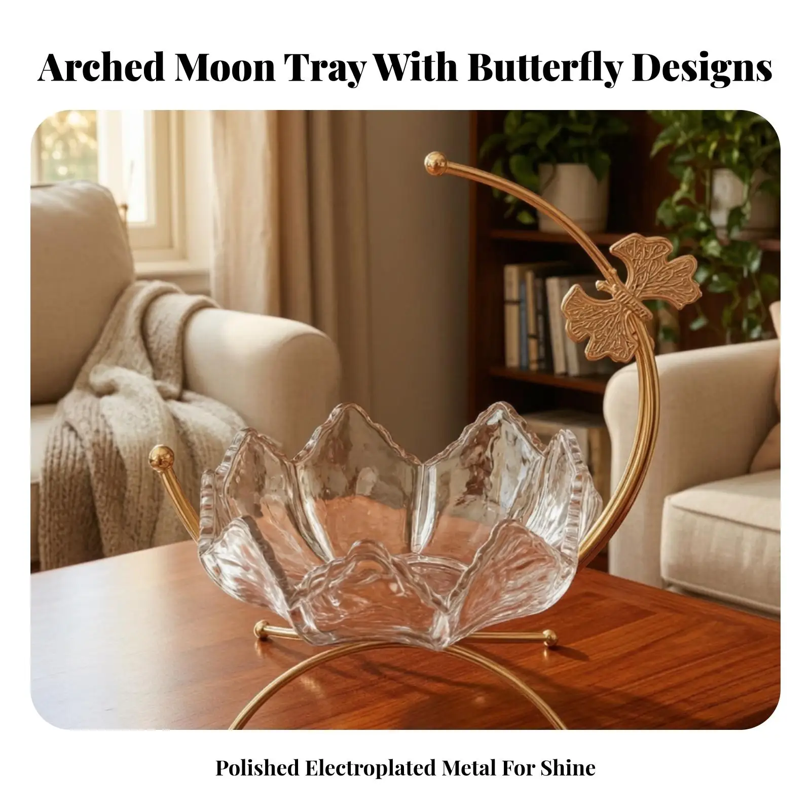 Elegant Fruit Bowl with Metal Stand | Petal-Like Shape, moon-shaped-Moon Silhouette, Fruit Dish with Metal Stand, for Coffee