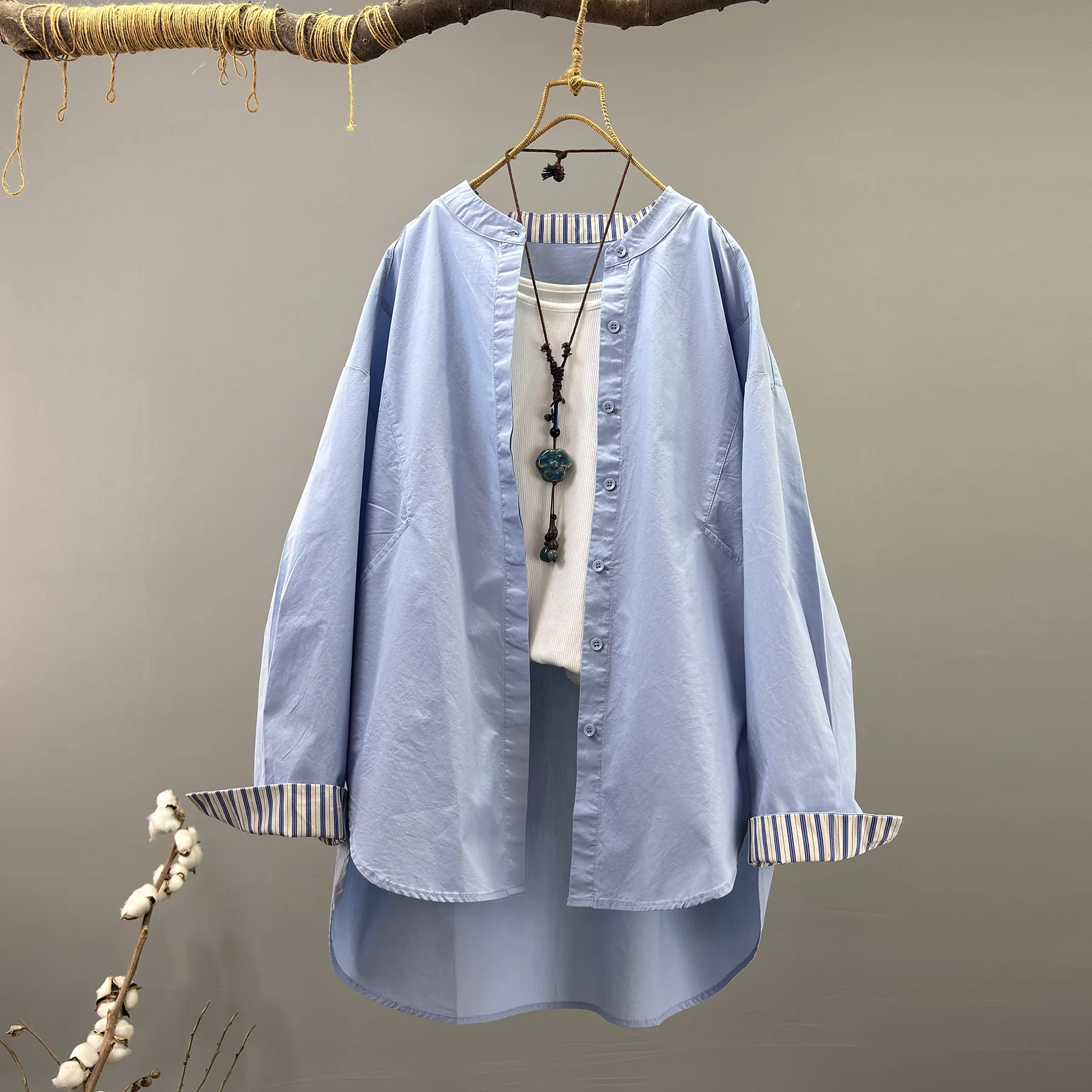 

Enianechu, топы больших размеров, женские осенние рубашки с длинными рукавами из чистого хлопка, синие, белые рубашки с воротником-стойкой, женские топы, одежда