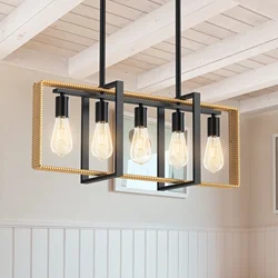 Kitchen Island Lighting，5-Light Adjustable Dining Room Light Fixtures, Rattan Frame Pendant Ceiling Chandelier, Modern  Lighting