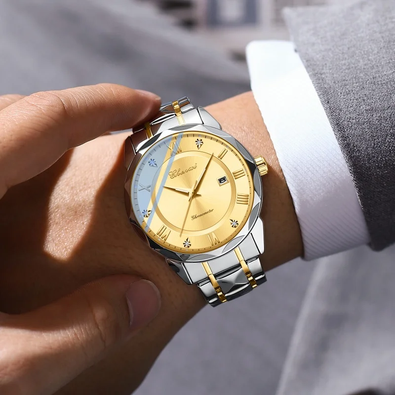 CHENXI 682 moda biznes męski zegarek kwarcowy kalendarz świecący ze stalowy pasek nierdzewnej wodoodporny prosty eleganckie zegarki dla mężczyzn