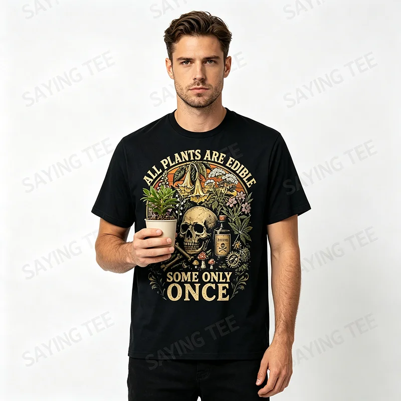 Alle Pflanzen sind essbar, einige nur einmalig, schwarzer Humor, Pflanzenliebhaber-T-Shirt, Y2k Horror Gothic Skeleton Graphic Tee, ästhetische Kleidung, Top – Detail 6