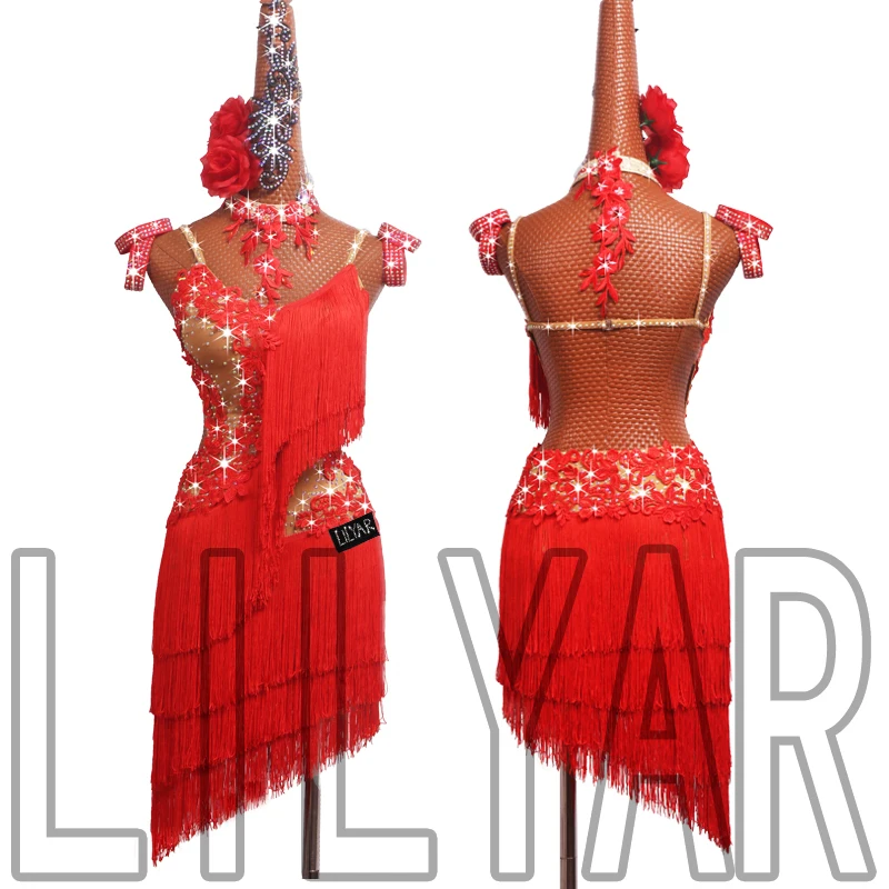 New Latin Dance Skirt Performance Competition Dress Adult Daughter Red Embroidered Tassel Rumba Shining Diamond Dance Dress