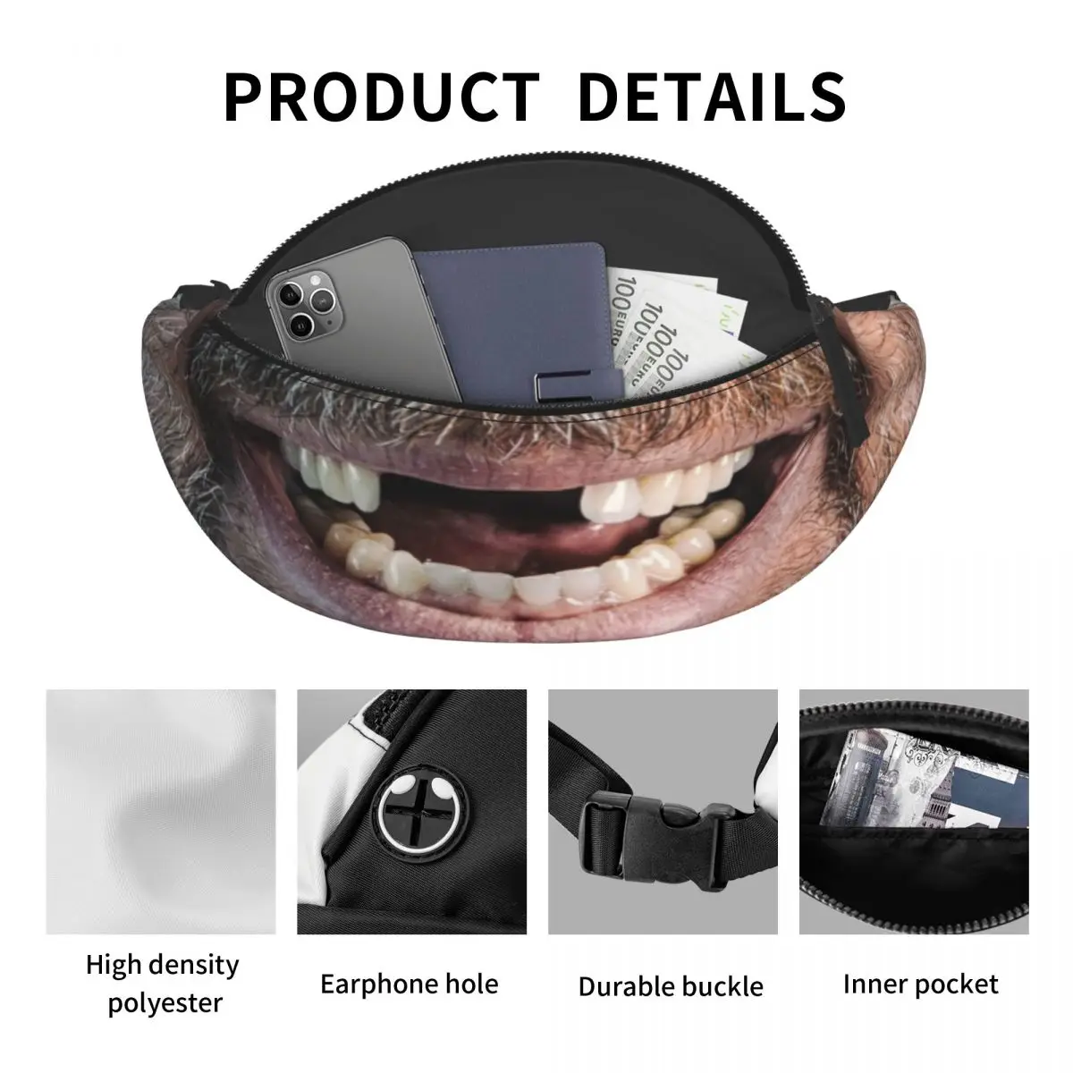 Cool Funny Missing Teeth Fanny Pack for Cycling Camping Women Men Hillbilly Smile Crossbody Waist Bag Phone Money Pouch