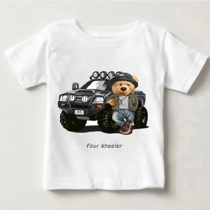 Cute  Bear Riding Car Print Boys And Girls White T-shirt Children's Summer Harajuku  Funny Baby  Clothes Children Tops