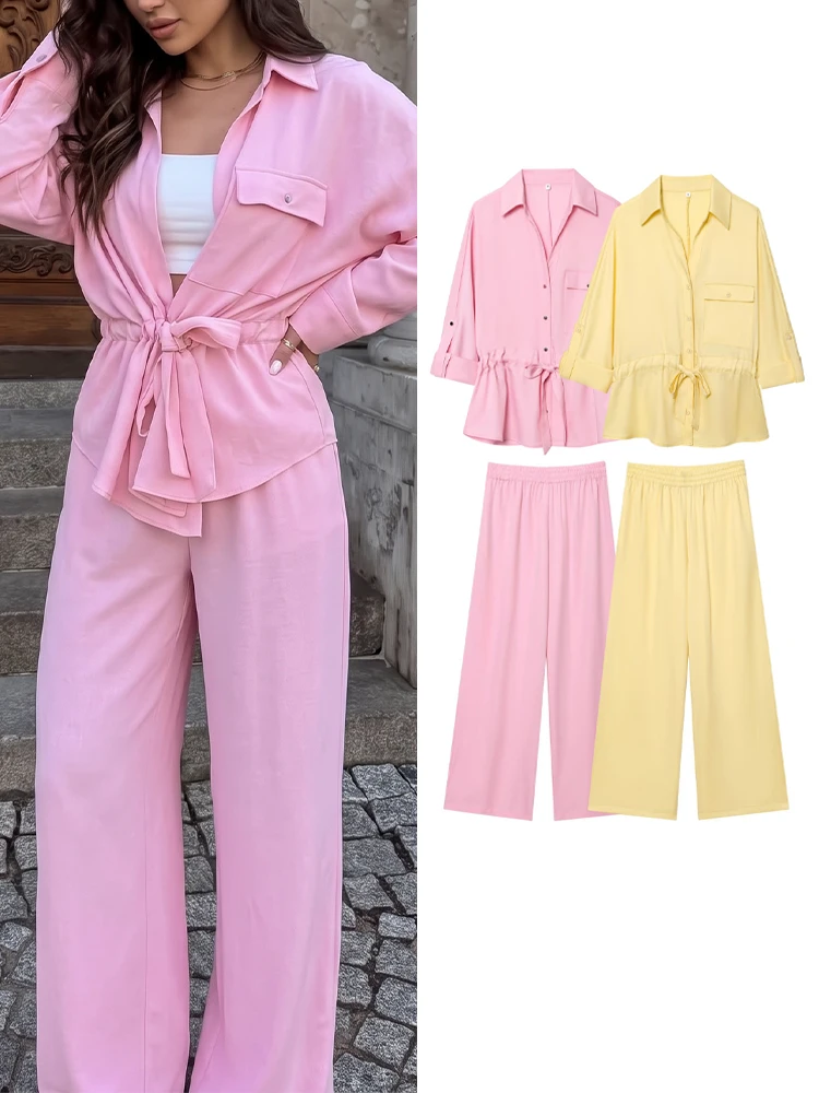 HH Women Fashion Solid 2 Piece Wide Lapel Long Sleeve Single Breasted Lace Up Top Loose Wide Leg Pants 2026 Autumn Party Set
