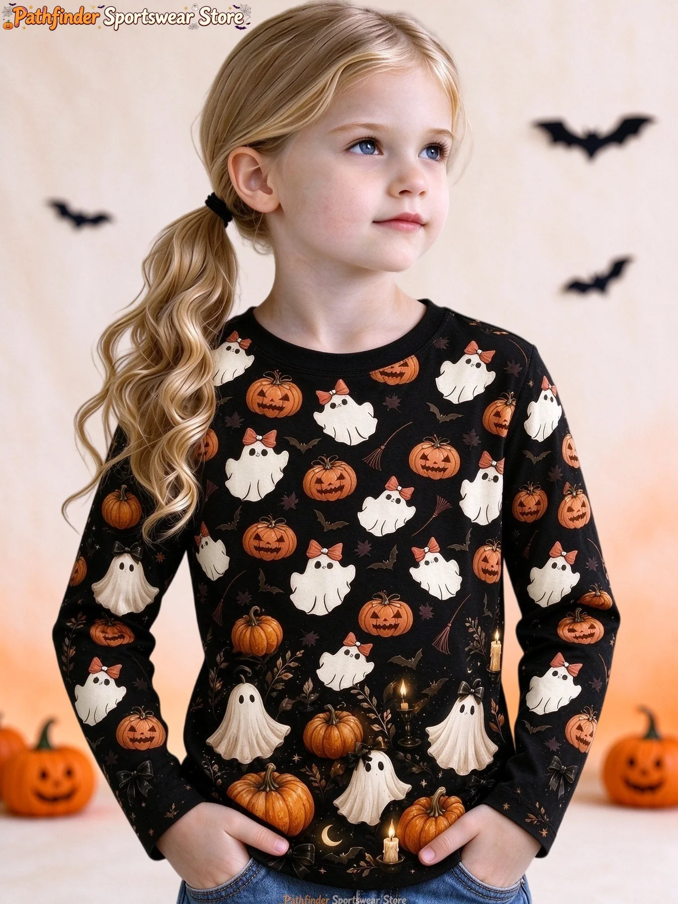 Halloween Long Sleeve Girls Boys Tee Cute Bow Ghost Pumpkin Pattern Casual Sport Top Kids Holiday Party T-shirt Autumn Children