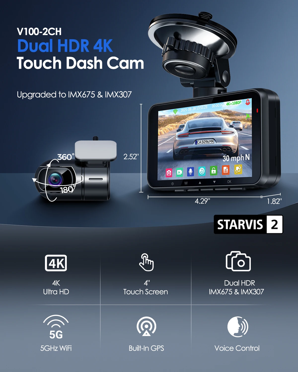 HUPEJOS 4K 2CH Dash Cam Front And Rear STARVIS 2 DualHDR,4