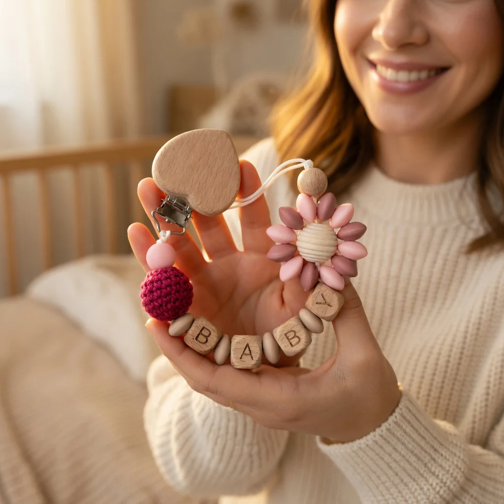 Personalized Name Handmade Beech Wood Pacifier Clip Holder Chain Pink Flower Heart Silicone Beads Baby Teether BABY Letter Gift