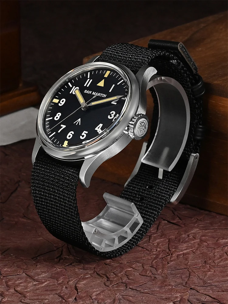 San Martin Men's Pilot Watch NH35 Automatic Mechanical Nylon Strap 38.5mm Simple Military Flieger Sapphire Waterproof Luminous