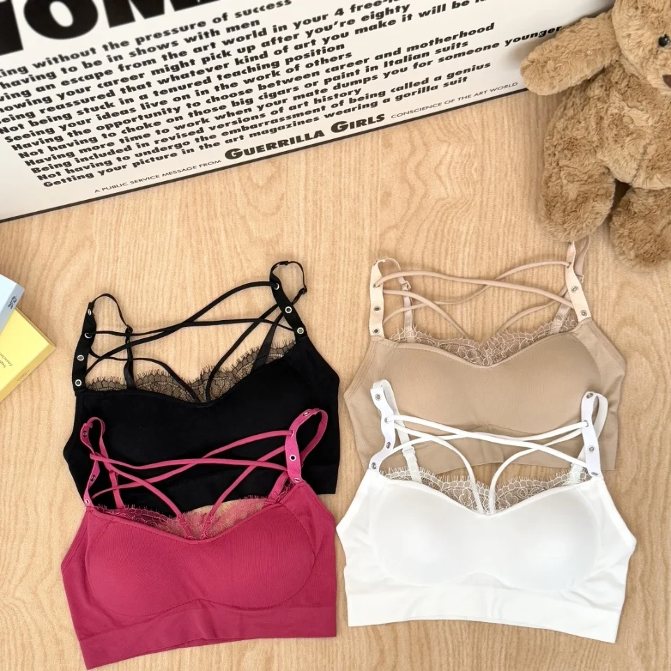 Summer New Sexy Lace Cross Splicing Strap Vest Women Slimming Integrated with Chest Pad Versatile V-neck Short Style Inner Wear