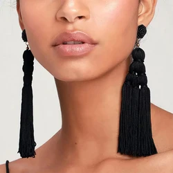 2023 Handmade Jewelry Bohemian Beaded Long Black Fringe Tassel Layered Dangle Chandelier Statement Earrings for Women Girls