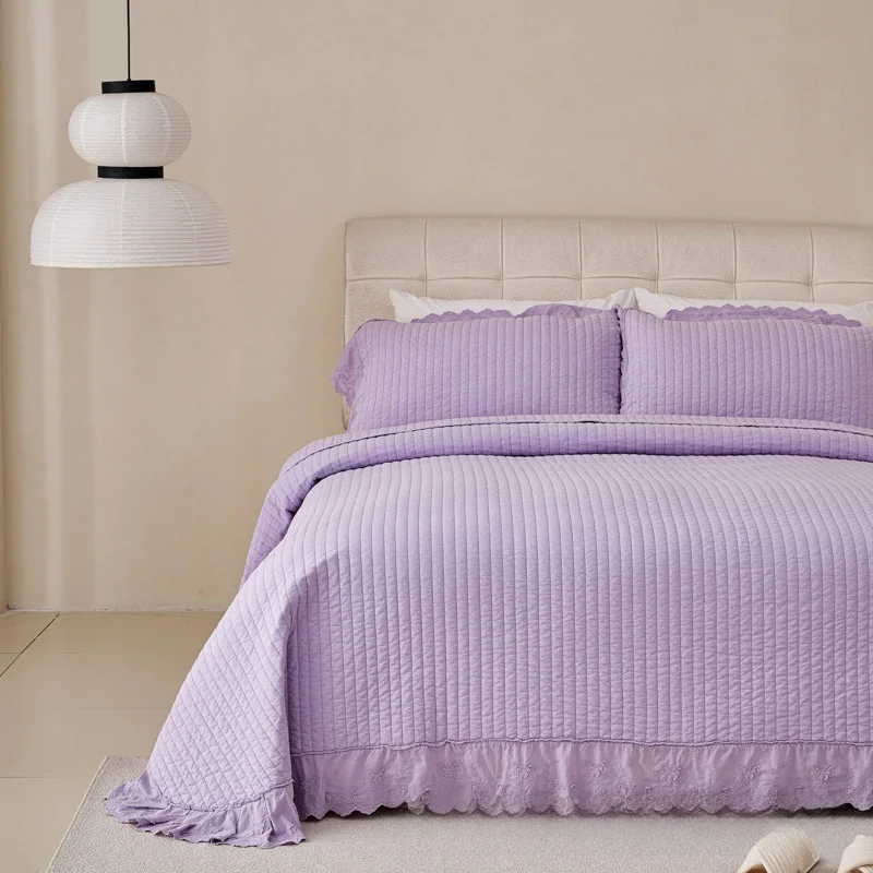 French Lace Cotton Quilted Bedspread 3-Piece Set – Luxury Solid Color Quilt for All Seasons, Soft Breathable Home Textile