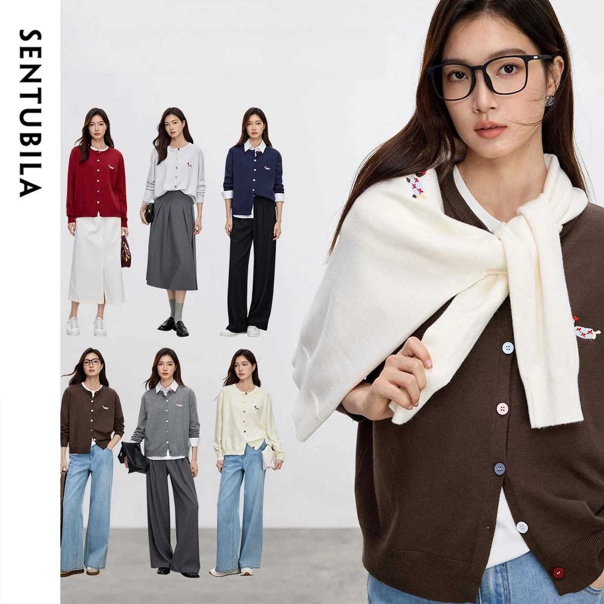 

SENTUBILA Embroidery Knitted Cardigan For Women 2025 Spring New Fashion Preppy Style Spliced Chic Button Jumpers W51W58929