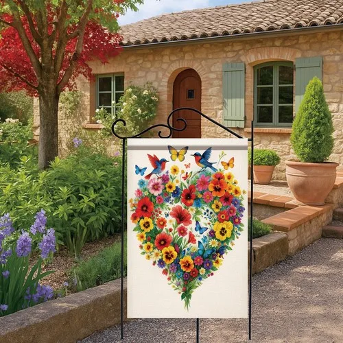 Colorful Heart Shaped Flower House Flag with Birds and Butterflies Outdoor Ho... OOV IIC