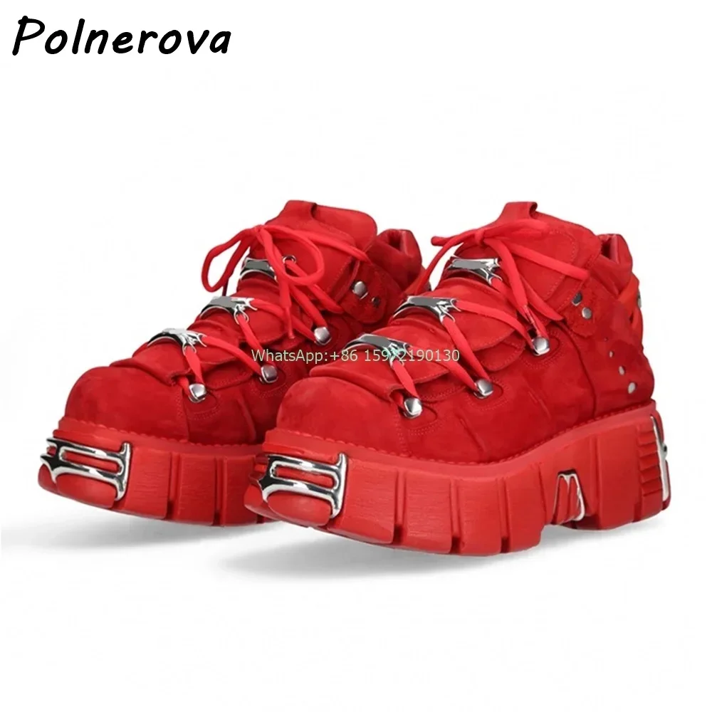

Punk Style Thick Soled Pumps Round Toe Platform Cross Tied Leather Shoes High Increase Retro Metal Punk Street Hotties Shoes