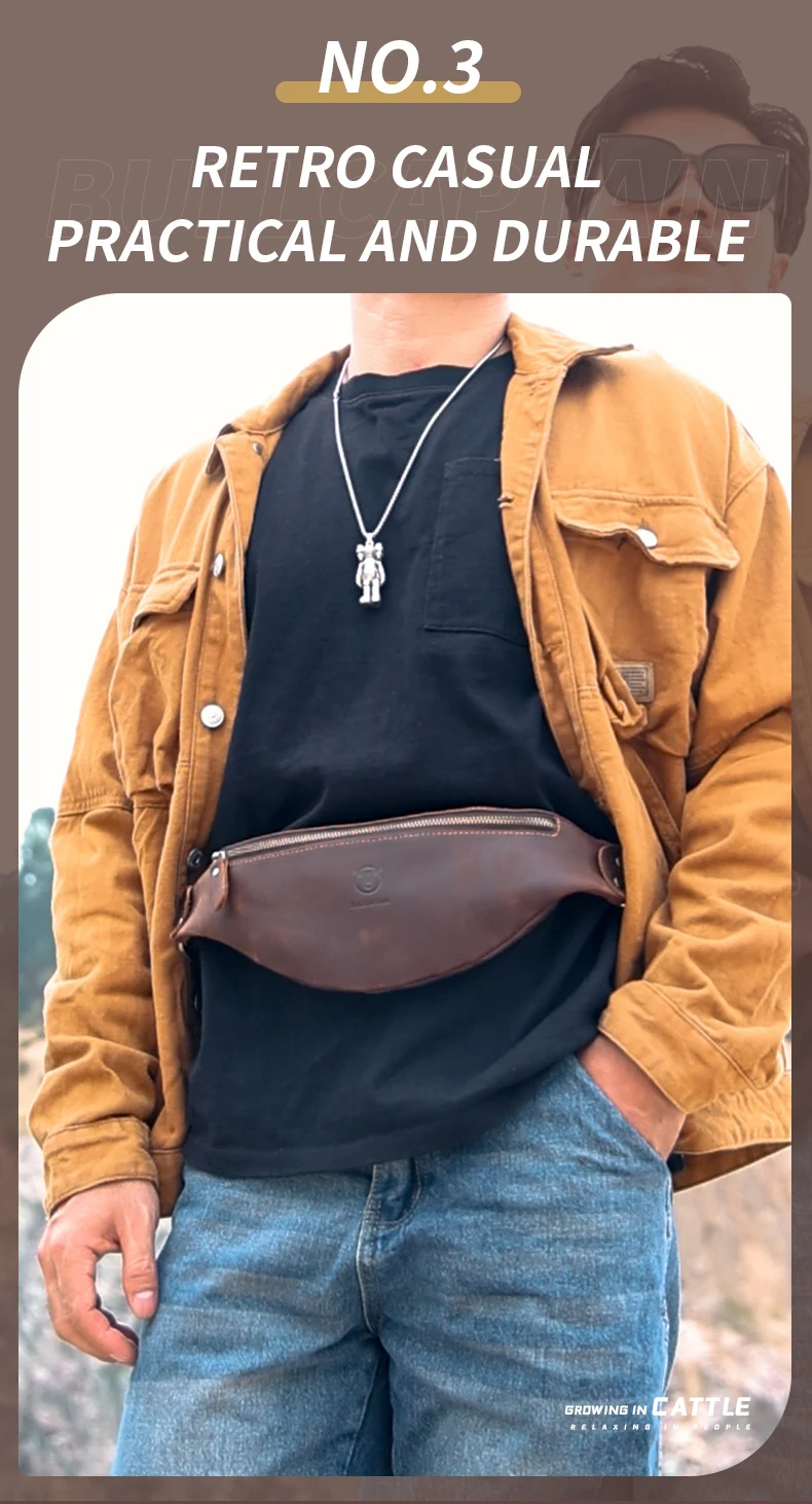 BULLCAPTAIN Herren-Gürteltasche aus Crazy Horse-Leder, klassische Retro-Umhängetasche, Aufbewahrung im Freien, Bergsteigen, Handytasche – Detail 4