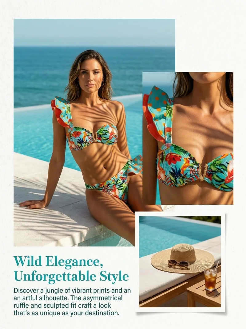 Neues 2026 Damen Sexy Rüschen-Bikini-Set mit Aufdruck, Rückenfreier Zweiteiliger Badeanzug für Strand und Pool, Sommermode Bademode – Detail 1