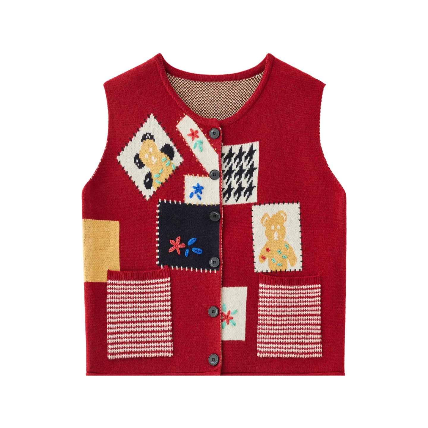 Spring Autumn Cartoon Spliced Color round Ne Knitted Vest Women Loose Embroidered Layering Sweater Vest Outerwear ort Jaet