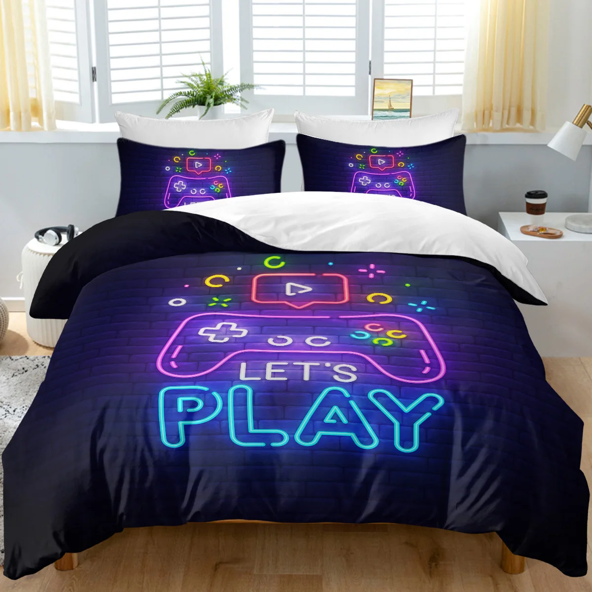 

3pc Funny Games Console Design Bedding Set for Boys Girls Teens with Zipper Closure 1 Duvet Cover and 2 Pillow Cases