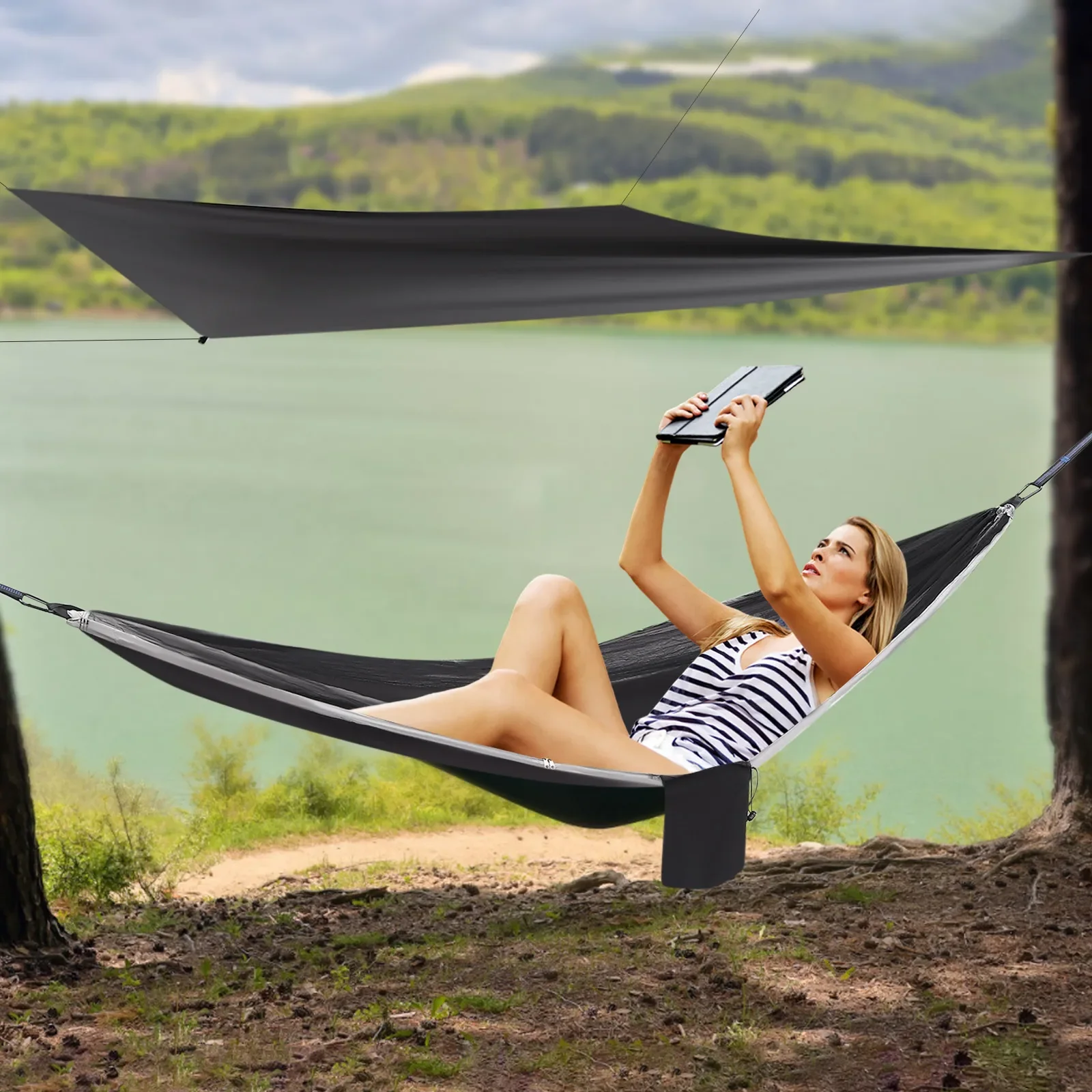 

Гамак для рюкзака с брезентом от дождя — серый и черный, регулируемые ремни для деревьев длиной 6,56 футов, встроенный карман + двойная молния, легкий вес