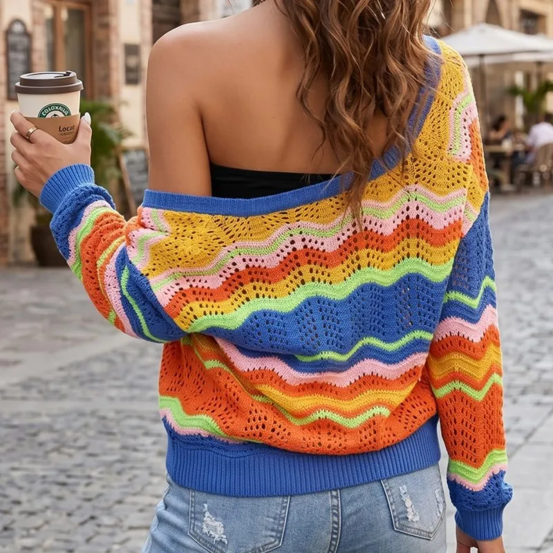 Women's Coat Autumn Winter New Rainbow Woven Cardigan Intercolor Stitching Striped Sweater Air-conditioning Shirt Wear For Women