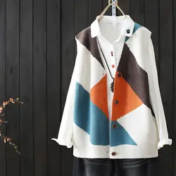 Knitted Vests Sleeveless Jackets Women Cardigan Tops Vintage Elegant Waistcoat Winter Warm Clothes Argyle Color Block Outerwears