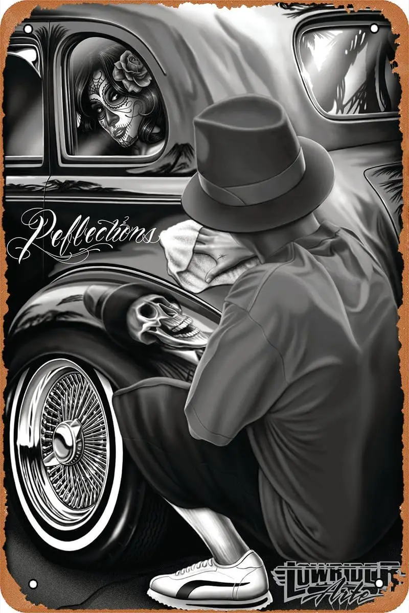 Classic Skull Reflections Lowrider Poster Retro Tin Sign Vintage Look Metal Sign for Cafe Bar Man Cave Garage Home Wall Art Deco