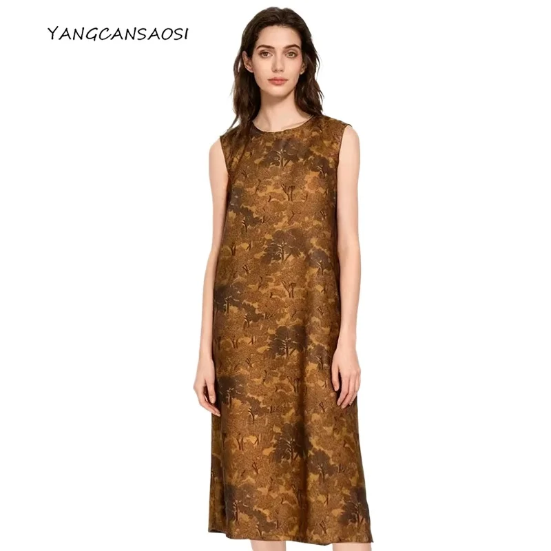 

Women's Fashion Clothing 100% Natural Mulberry Silk Song Brocade Sunset Forest Jacquard Round Neck Straight Tube Vest Dress