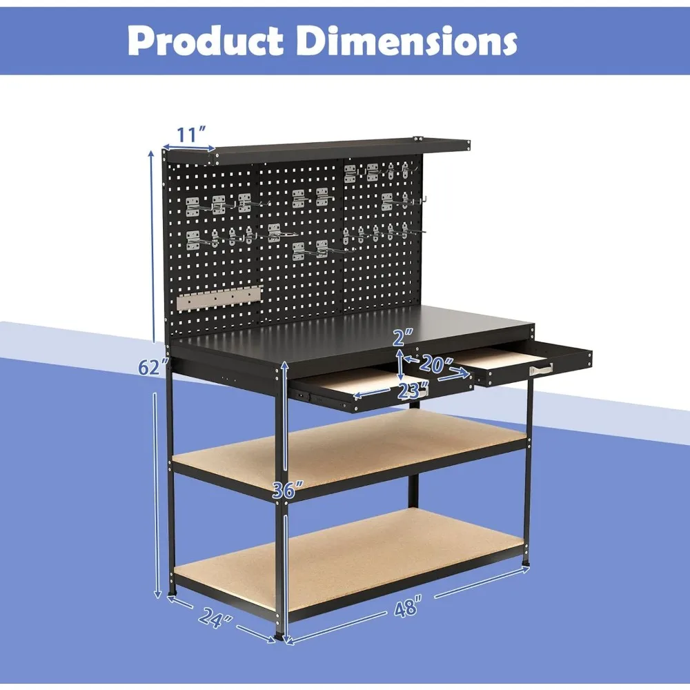 Banco de trabajo resistente de 48 x 24 con cajones, tablero perforado, estantes de almacenamiento, accesorios para colgar, capacidad de 506 libras