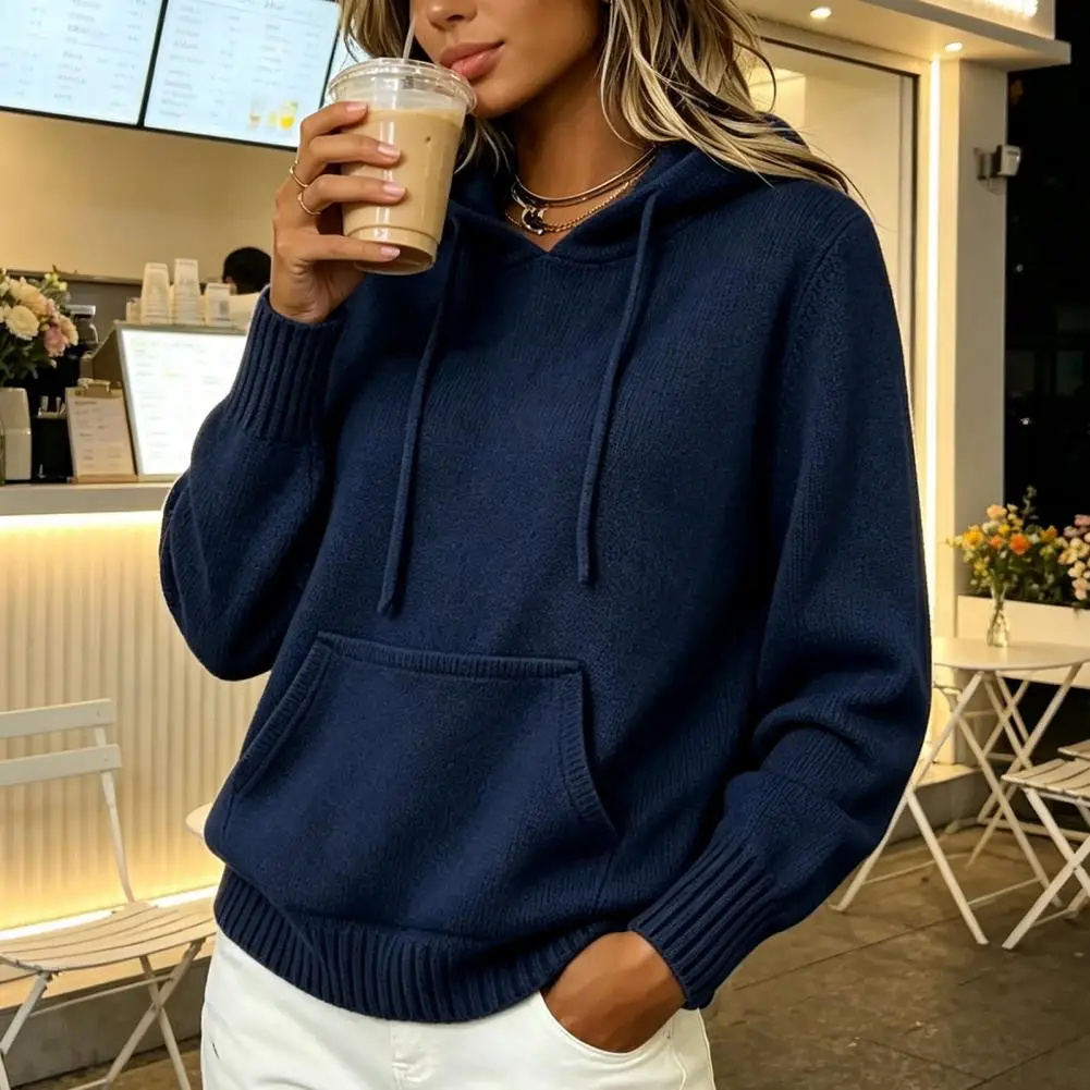 Pullover Sweater with Front Pocket Women Knit Hoodie Pullover Sweater Long Sleeve Hooded Top with Front Pocket Fall Winter Solid