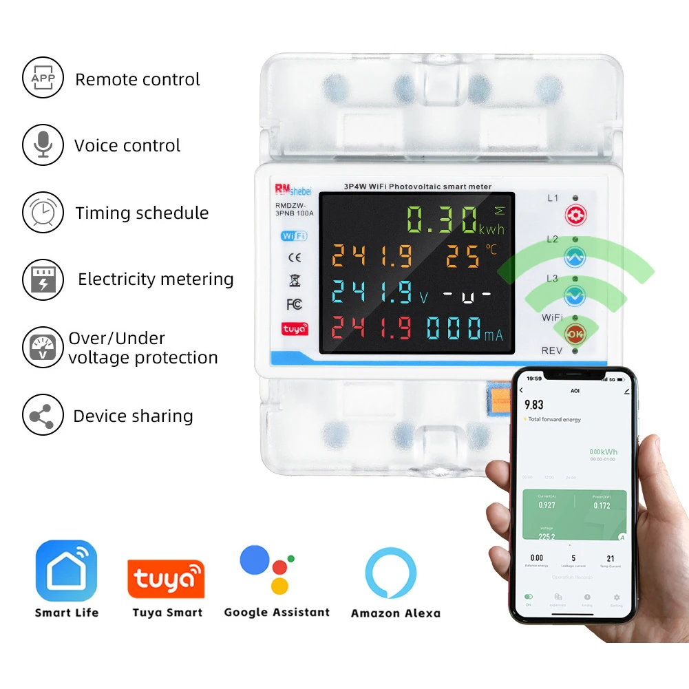 Tuya WiFi Intelligent Circuit Breaker Automatic Reclosure Protector 3-phase 4-wire Power Meter Switch LCD Display Energy Meter