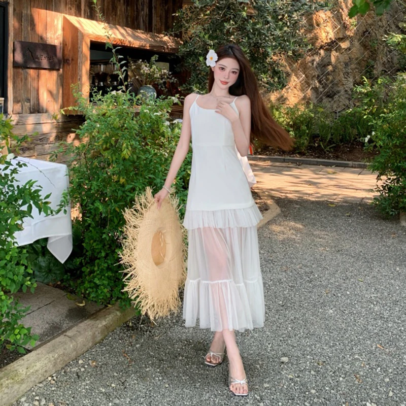 Black Mesh Patchwork Camis Dress Women Korean Fashion Sexy Party Dress Summer Harajuku Slim All Match Spaghetti Strap Vestidos