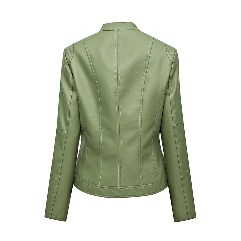 New Slim Fit Women PU Leather Jacket Fashion Versatile Cropped Long Sleeve Coat Simple Stand Collar Solid Top Spring Autumn