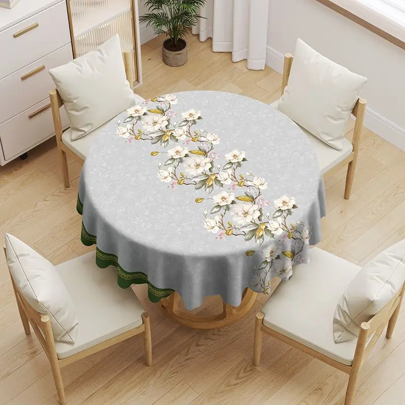 

Table Cloth Round Floral Printed Gray Table Cover Water Resistant Pvc Fabric Oilproof Circular Tablecloth Simple Diameter 140cm