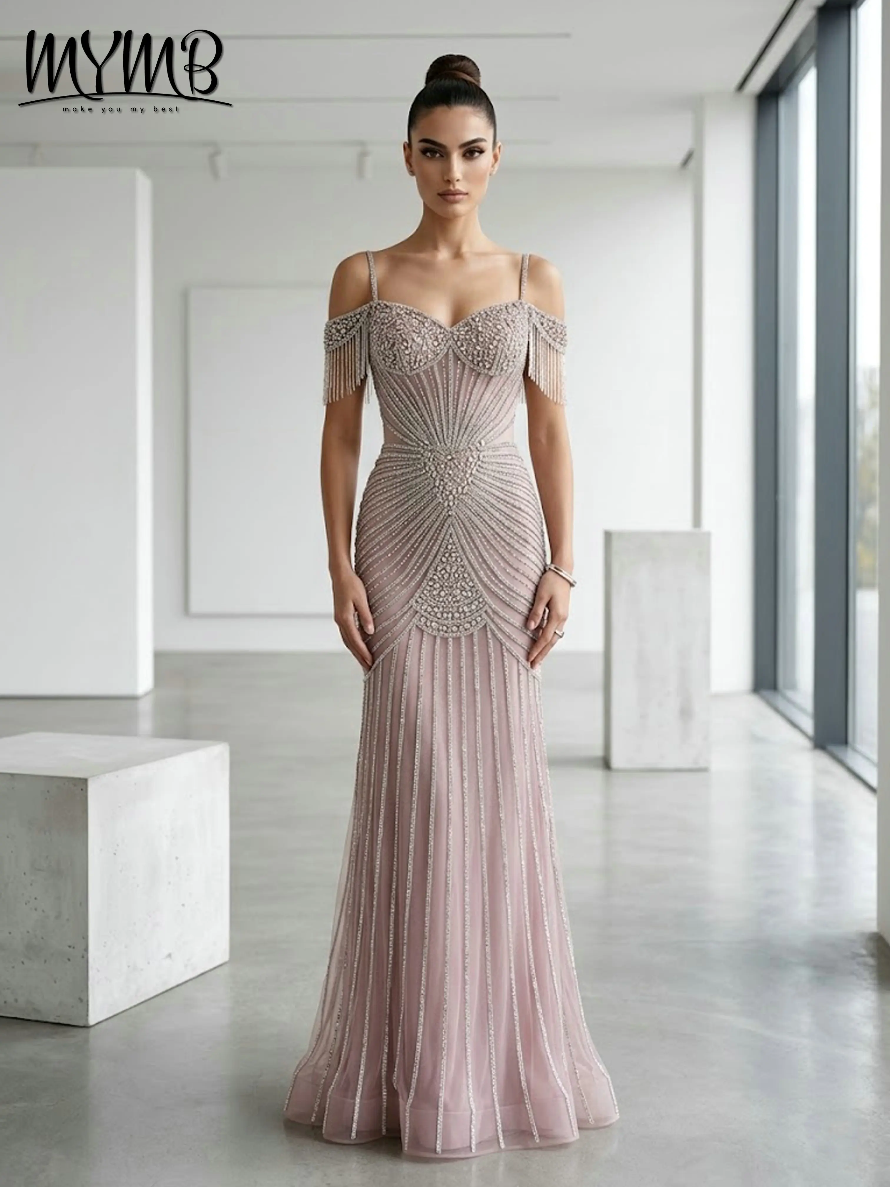 

MYMB Luxury Heavy Beaded Evening Dresses Elegant Pink Mermaid Prom Gowns Sweetheart Tassel Crystals Formal Party Dresses MC20152