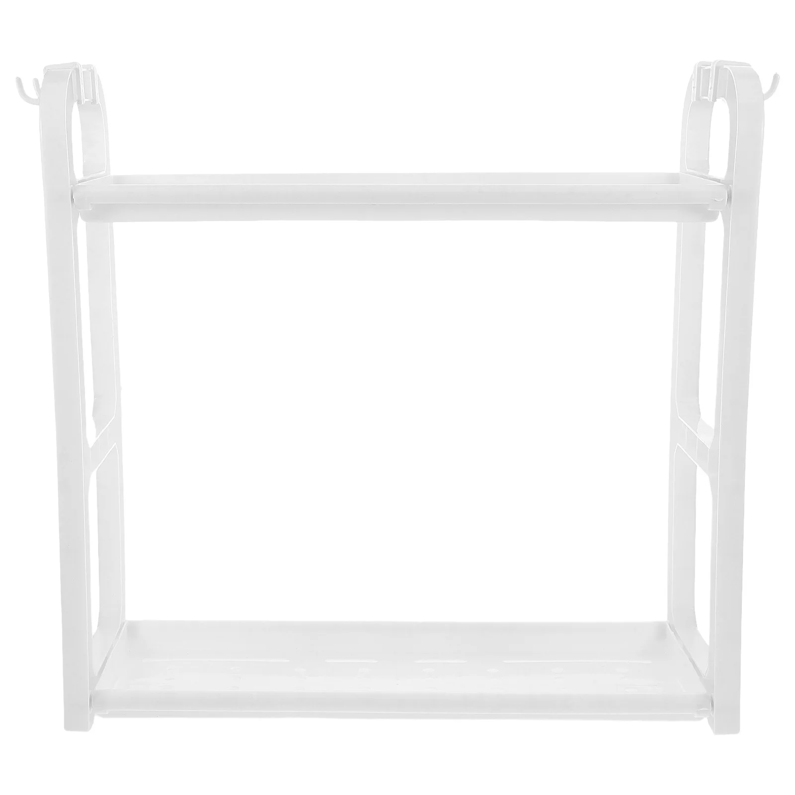

2-Tier Tabletop Rack White Countertop Storage Organizer Kitchen Bathroom Shelf With Hooks Dual Layer Spice Holder Can Dispenser