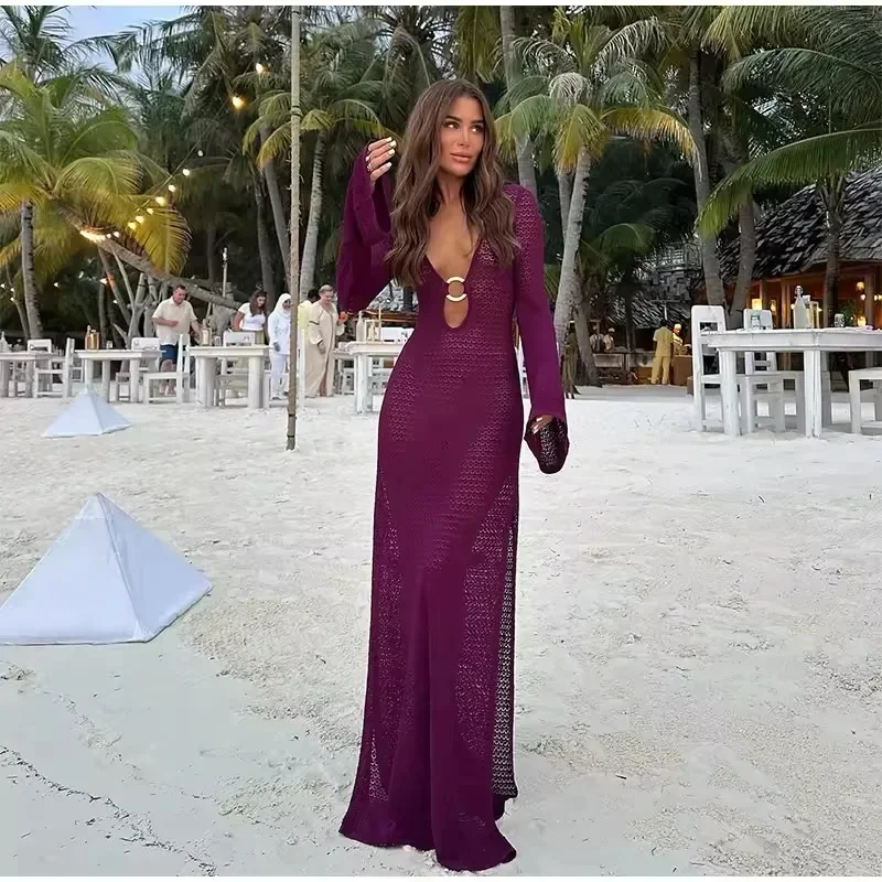 2025 니트 드레스 여름 여성 우아하고 시크한 섹시 맥시 바디콘 드레스 플레어 롱 슬리브 비키니 커버업 시스루 비치웨어